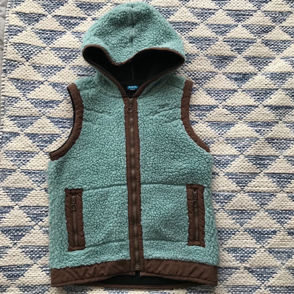 KAVU Blue Sherpa Hooded Vest Fleece Lined XS